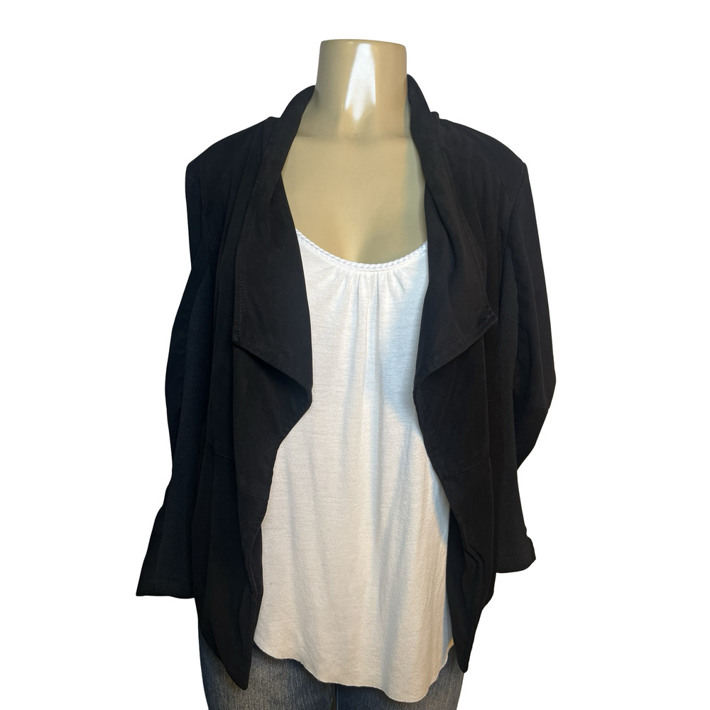 BB Dakota Jacket Womens Medium Black Draped Open Front Waterfall Faux Suede Soft